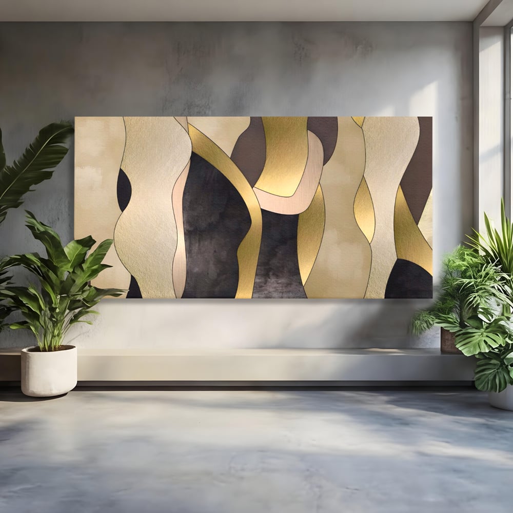 Tablou canvas cu tablou canvas cu forme abstracte aurii, fara rama, pe sasiu de lemn